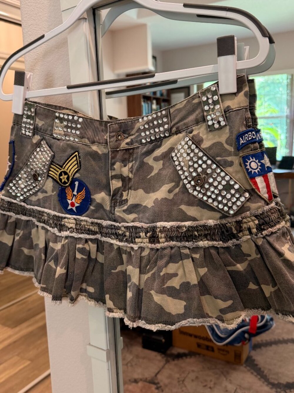 Premium Surplus Tell Military Camo Rhinestone Patch Pleated Mini Skirt Size M